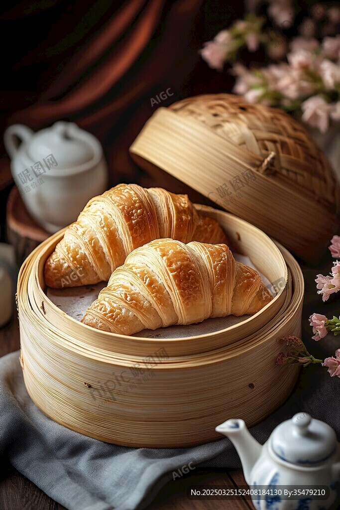 竹蒸籠里的美味牛角面包