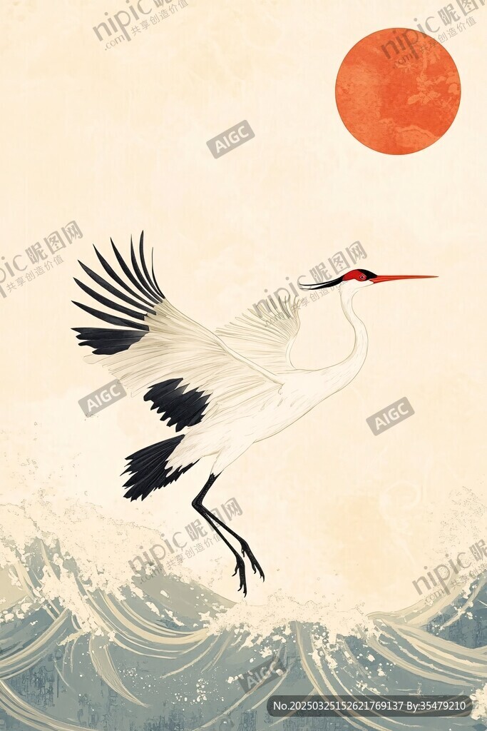 丹頂鶴于浪潮上振翅迎日