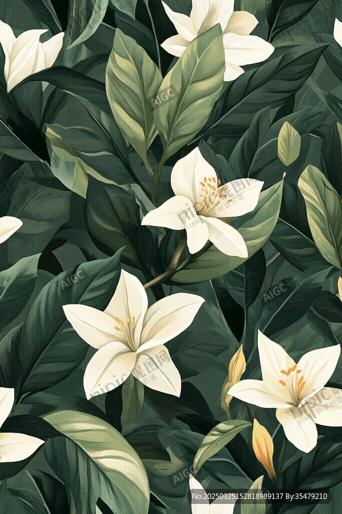 純白花朵與綠葉植物圖案