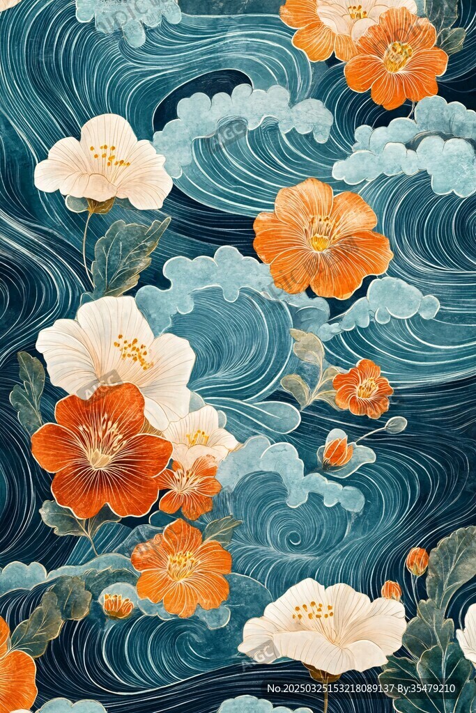 海浪繁花中式風(fēng)插畫(huà)圖案