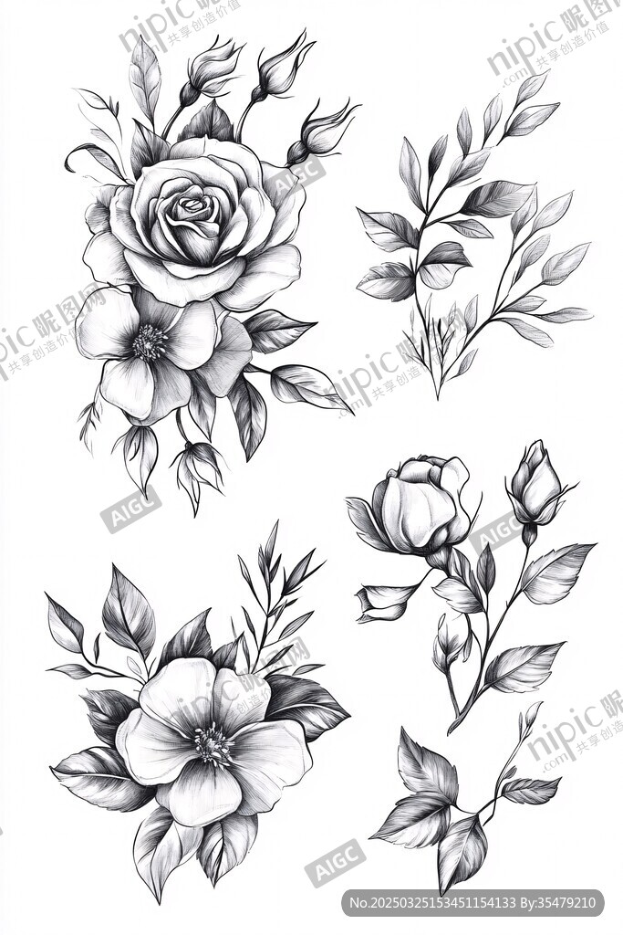 黑白花卉植物手繪插畫