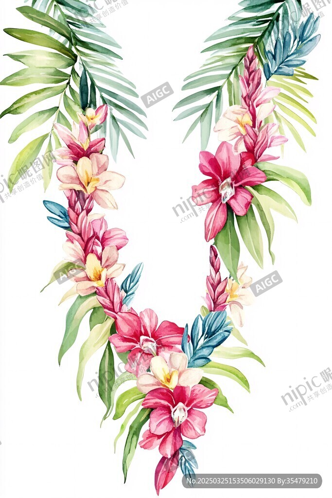 熱帶花卉花環(huán)水彩插畫