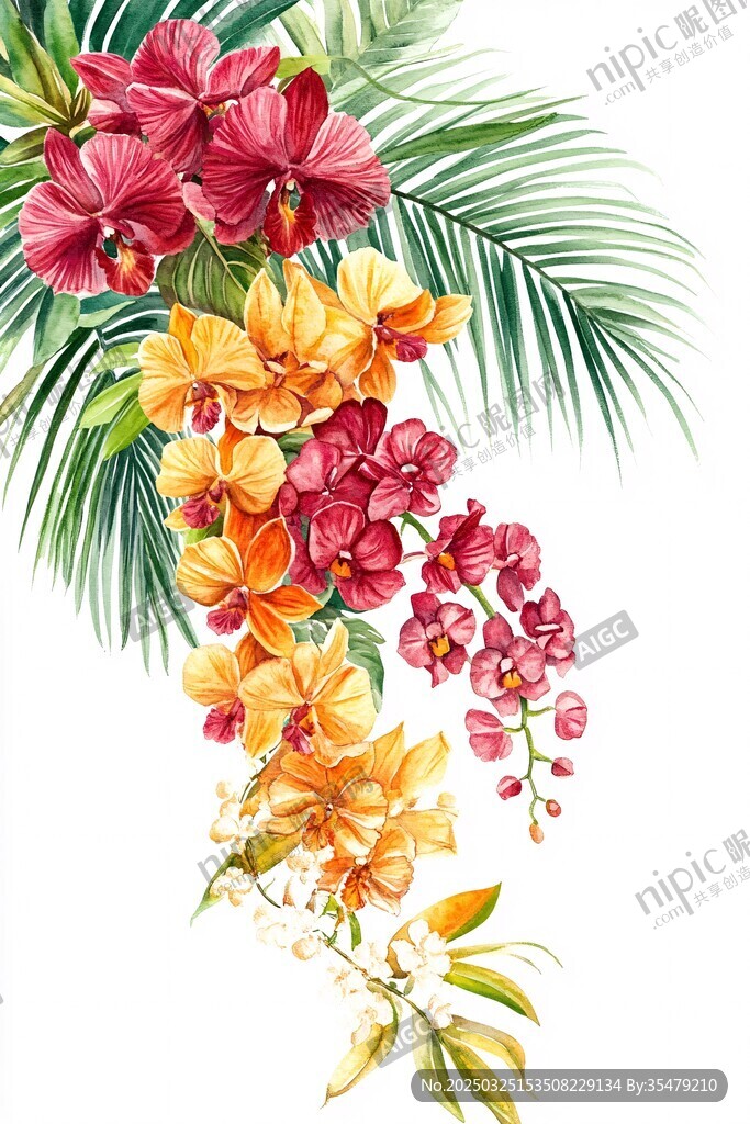 多彩蘭花與棕櫚葉插畫