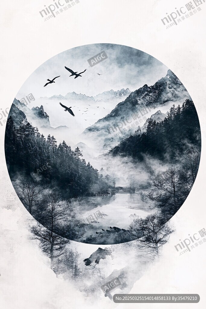 水墨山水間飛鳥翱翔圖