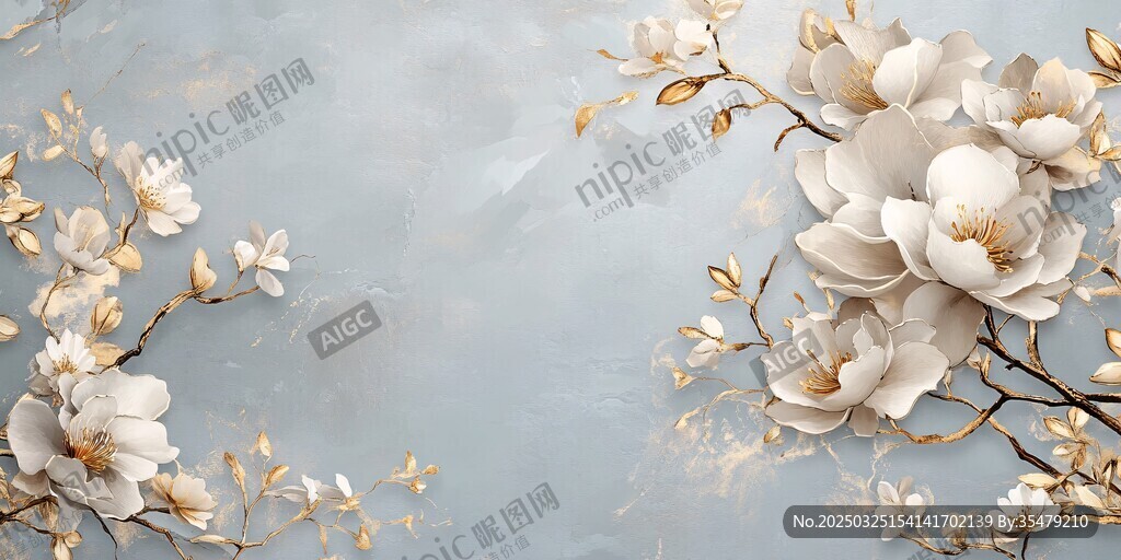 玉蘭花枝淡藍背景裝飾圖