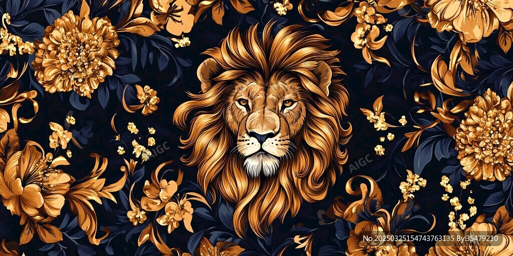 金色雄獅花卉圖案設(shè)計(jì)