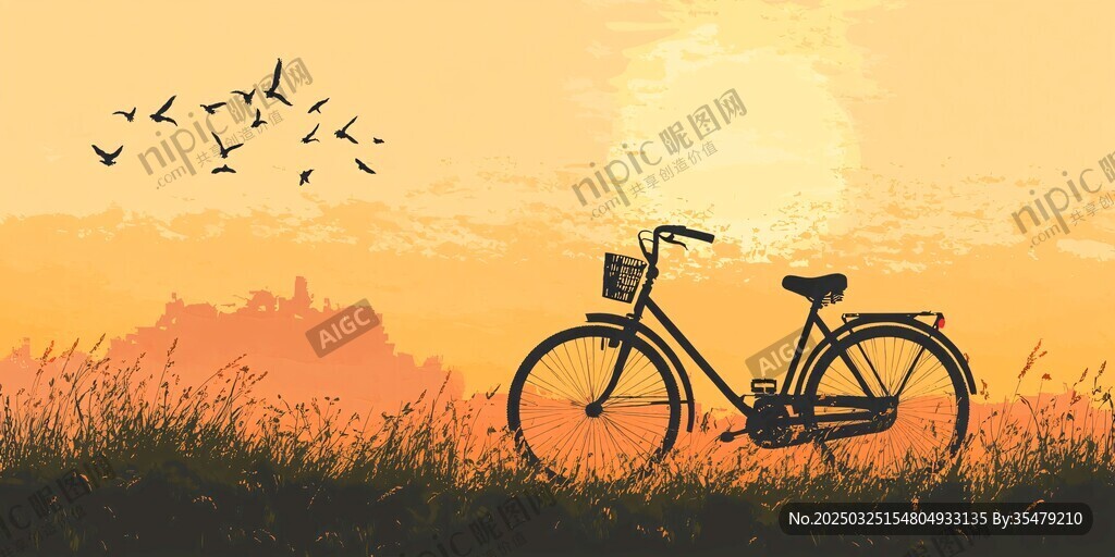 夕陽下的單車與飛鳥美景