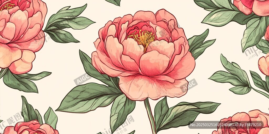 粉色牡丹花卉無縫圖案