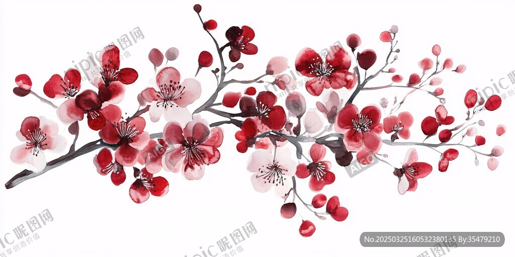 手繪紅粉相間綻放梅花枝