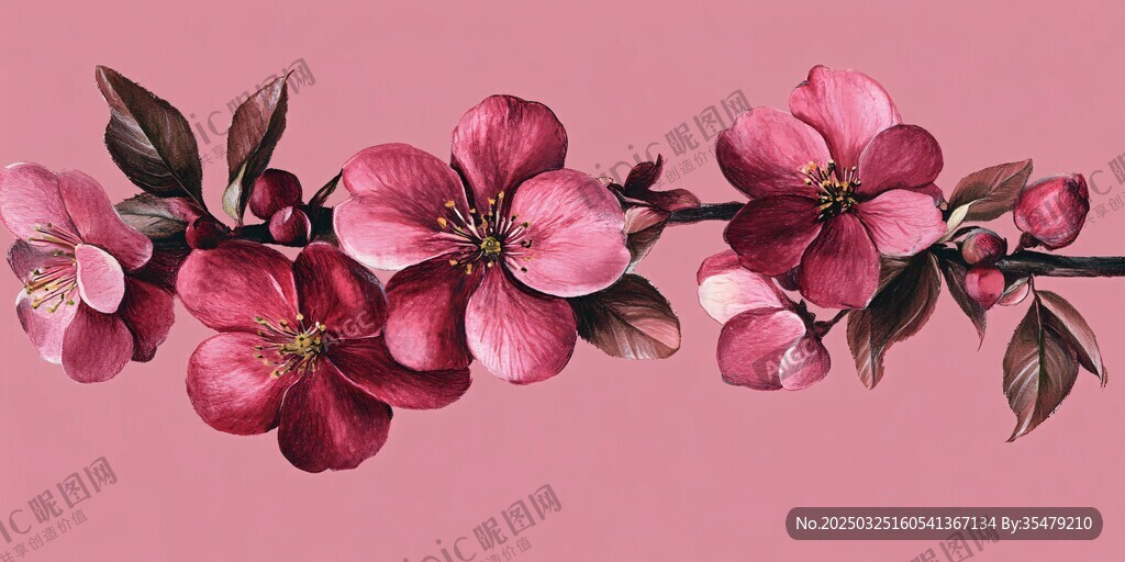粉色嬌艷花枝插畫圖案