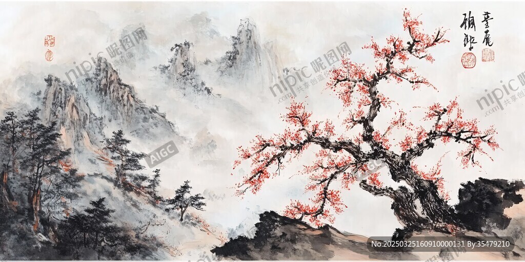 紅梅映山景國畫佳作