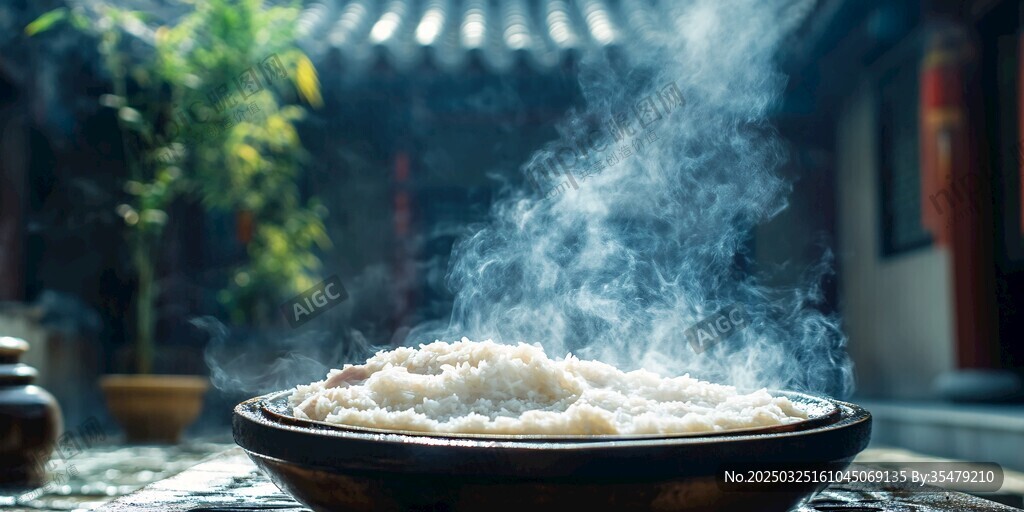 庭院中熱氣騰騰的白米飯