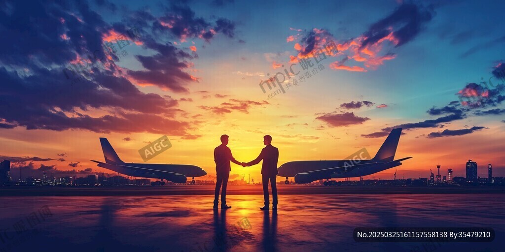 夕陽(yáng)下機(jī)場(chǎng)的商務(wù)握手時(shí)刻