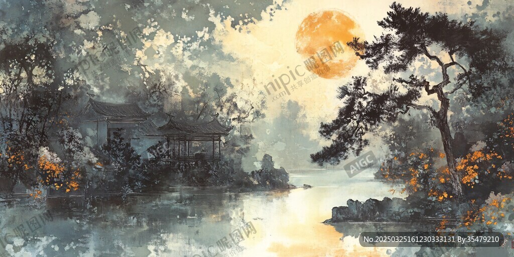 湖畔月夜幽景