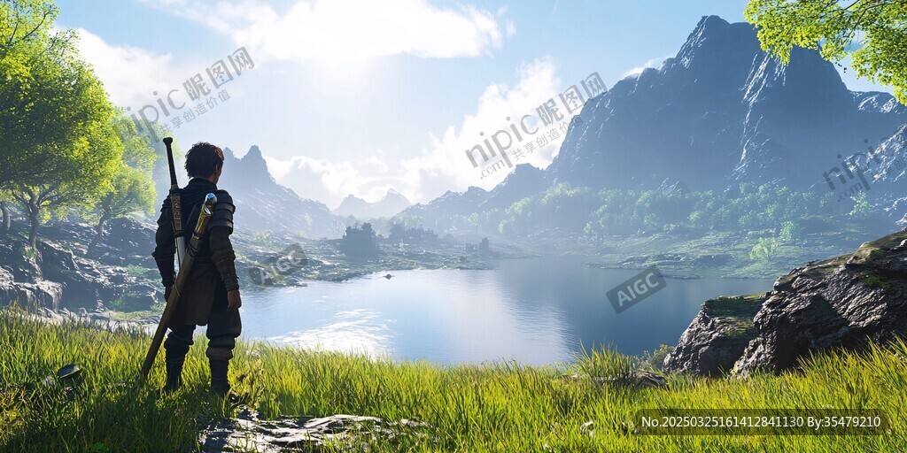 旅人眺望山間湖景