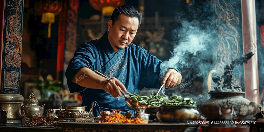 中式大廚專注烹飪美食
