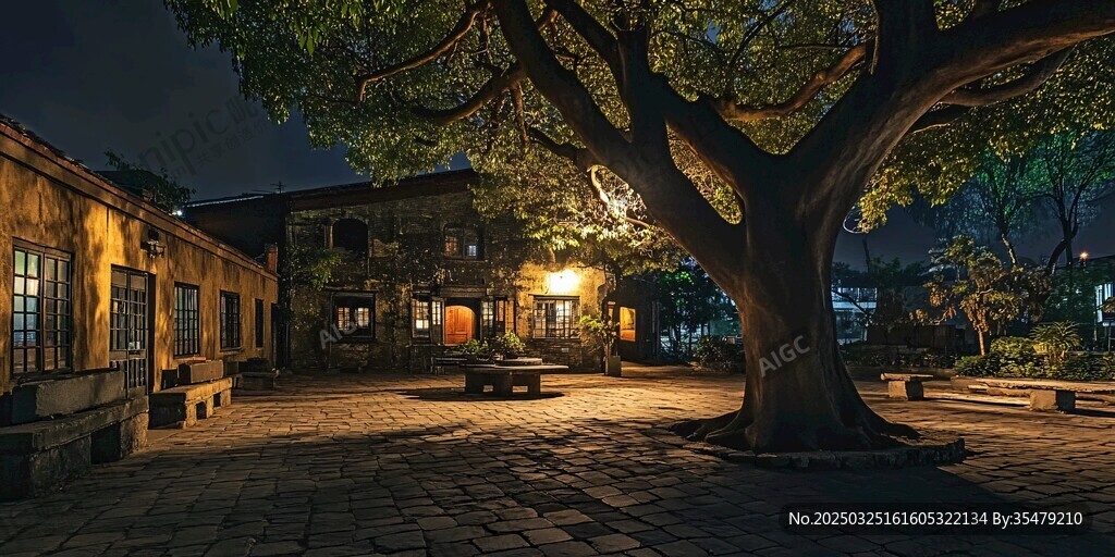 古院大樹下的靜謐夜景