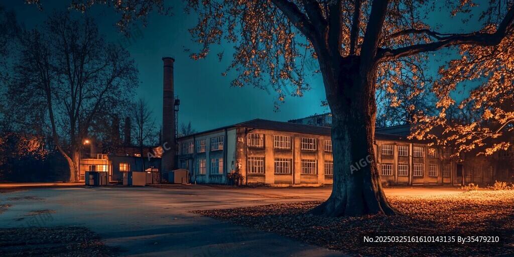 夜燈下的靜謐工廠與大樹