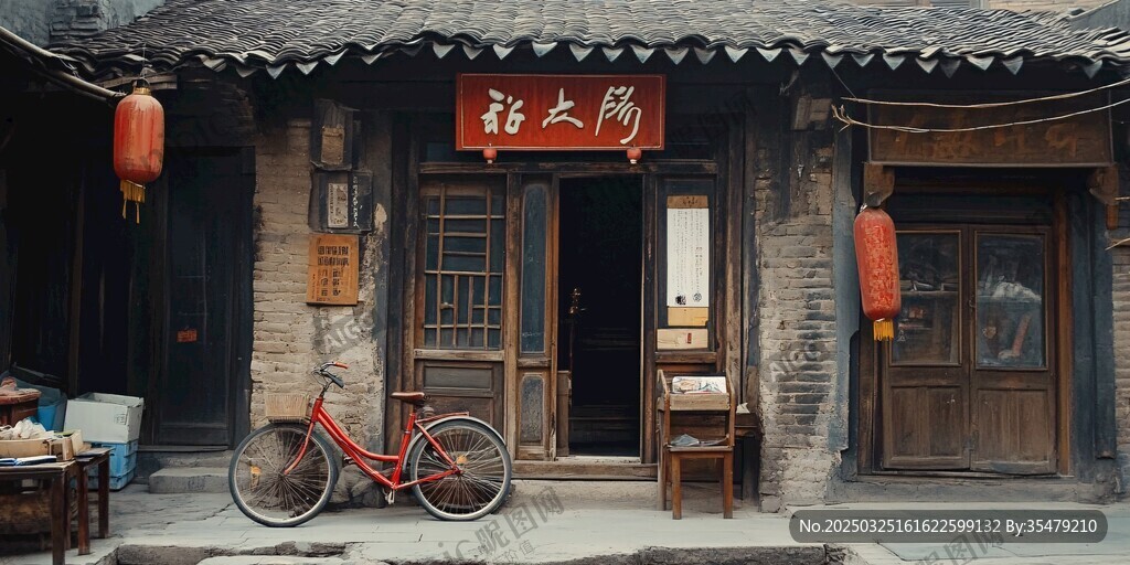 古舊店鋪前的紅色自行車