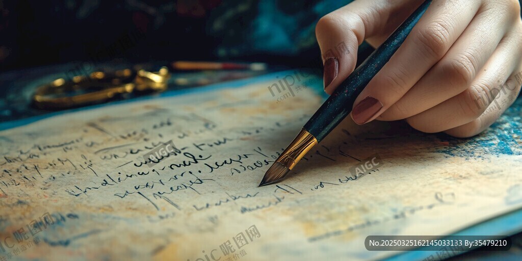 手執(zhí)筆書寫古老書頁