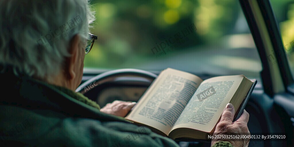 老人車內專注閱讀瞬間