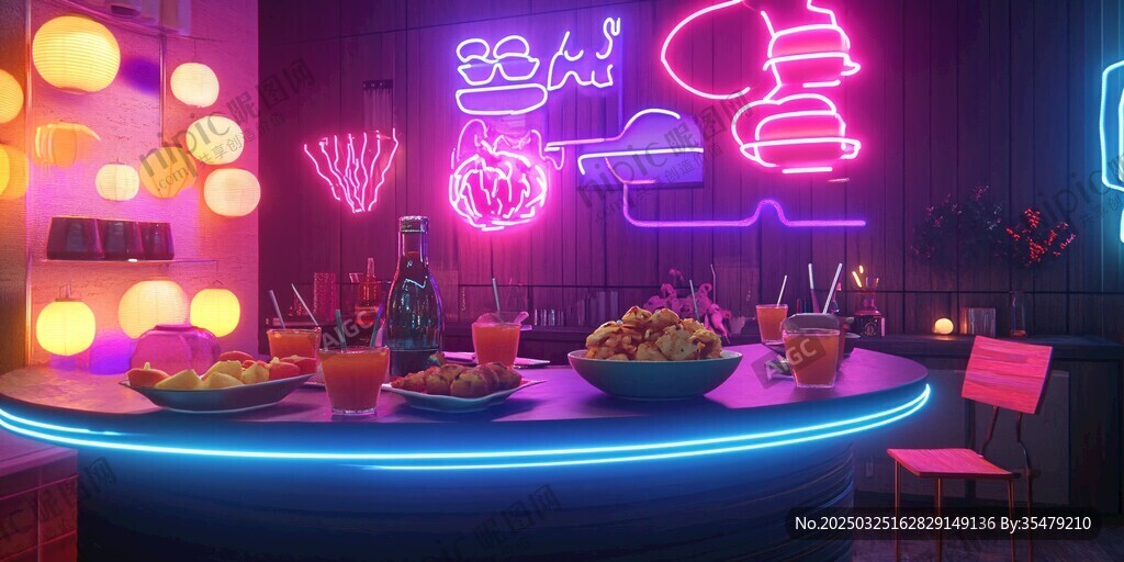 炫彩霓虹酒吧內的美食場景