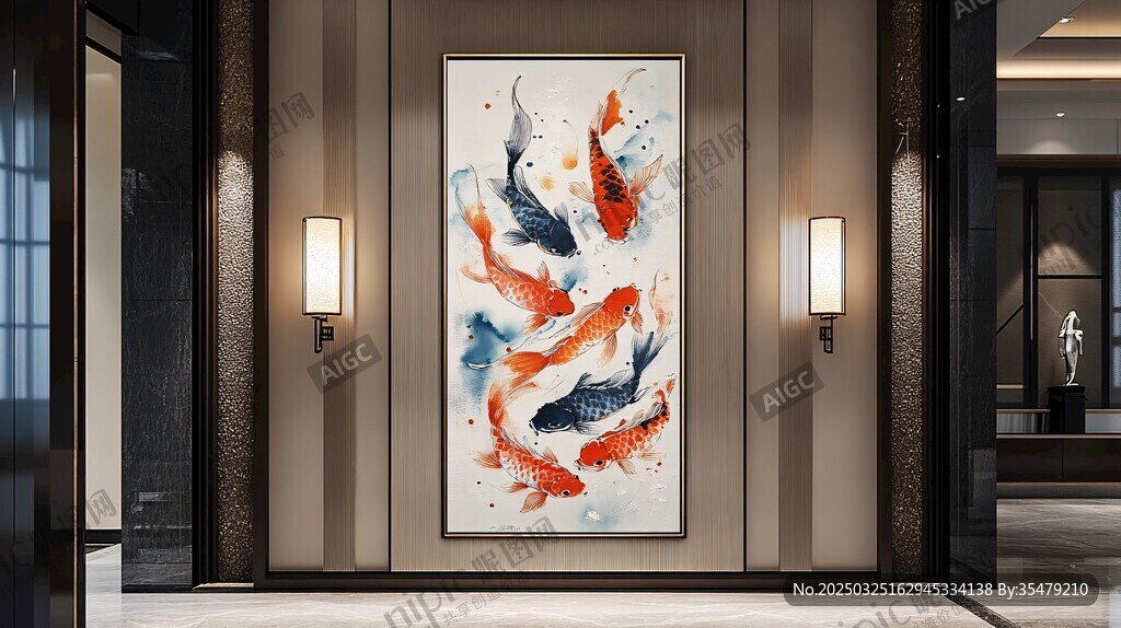 中式大廳里的錦鯉藝術(shù)掛畫