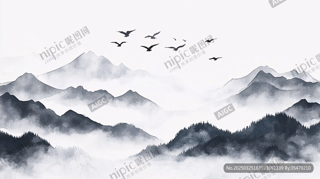 水墨山水飛鳥意境圖