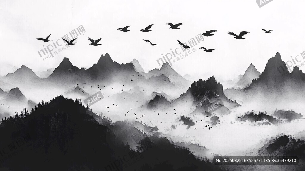 水墨群鳥翔于山巒間