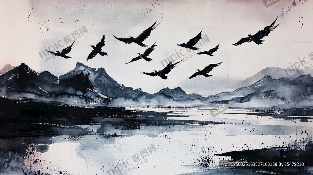 群鳥翔于山水間水墨畫