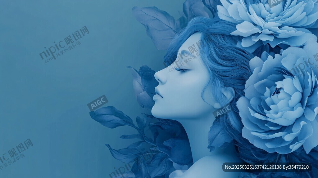 夢幻藍(lán)調(diào)花卉少女肖像