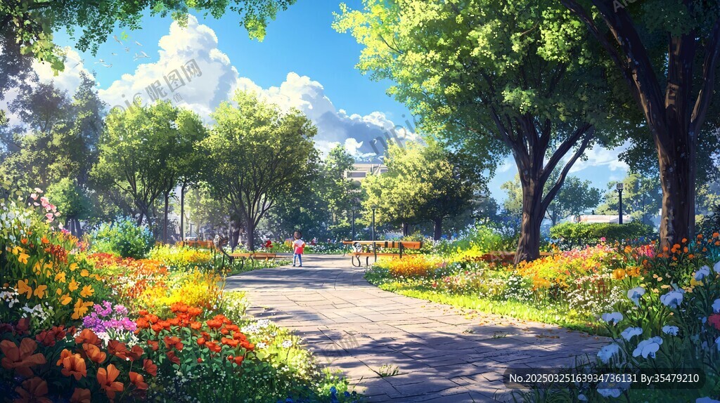 夏日繽紛花園中的漫步小徑