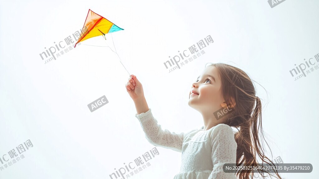 小女孩快樂地放飛彩色風箏
