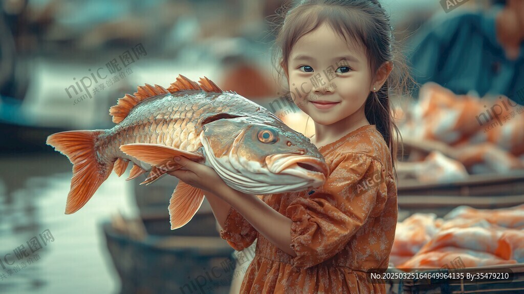 小女孩開心捧大魚