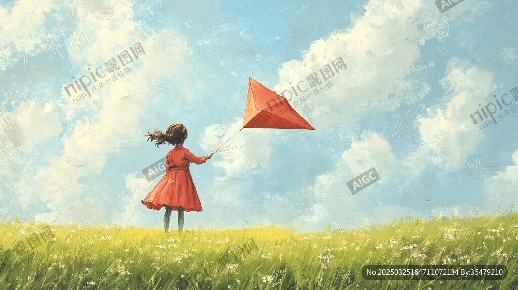女孩草地放風箏的美好瞬間