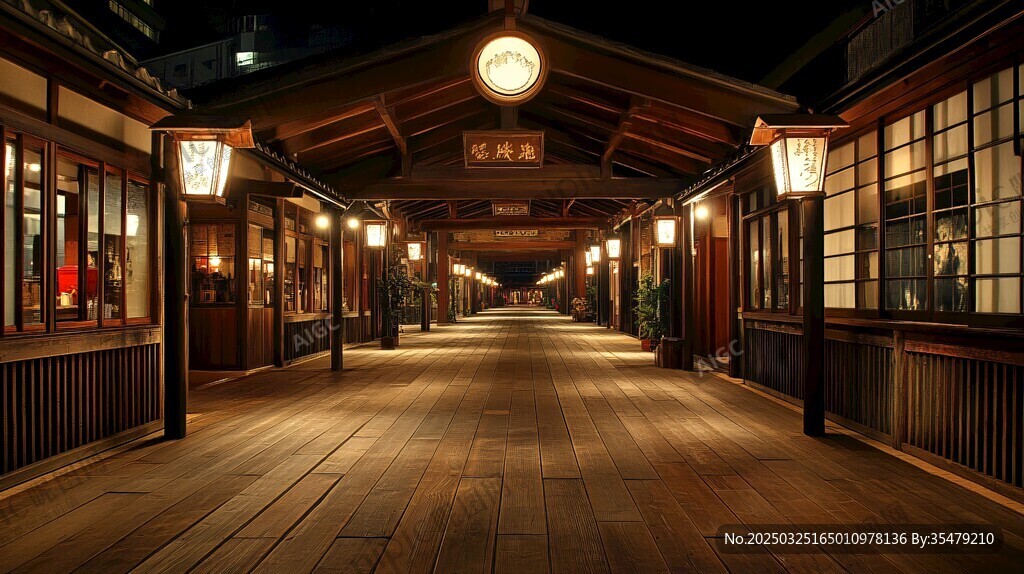 日式古街夜景木質長廊