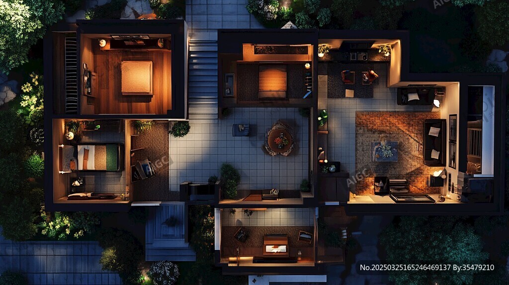 現(xiàn)代溫馨住宅夜景鳥(niǎo)瞰圖