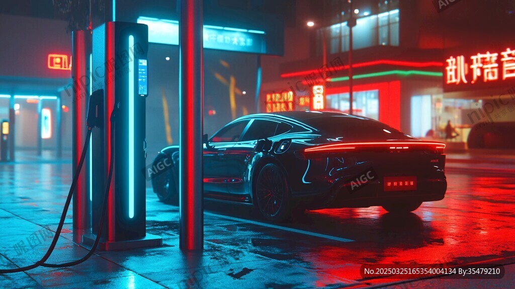 雨夜中酷炫跑車正在充電