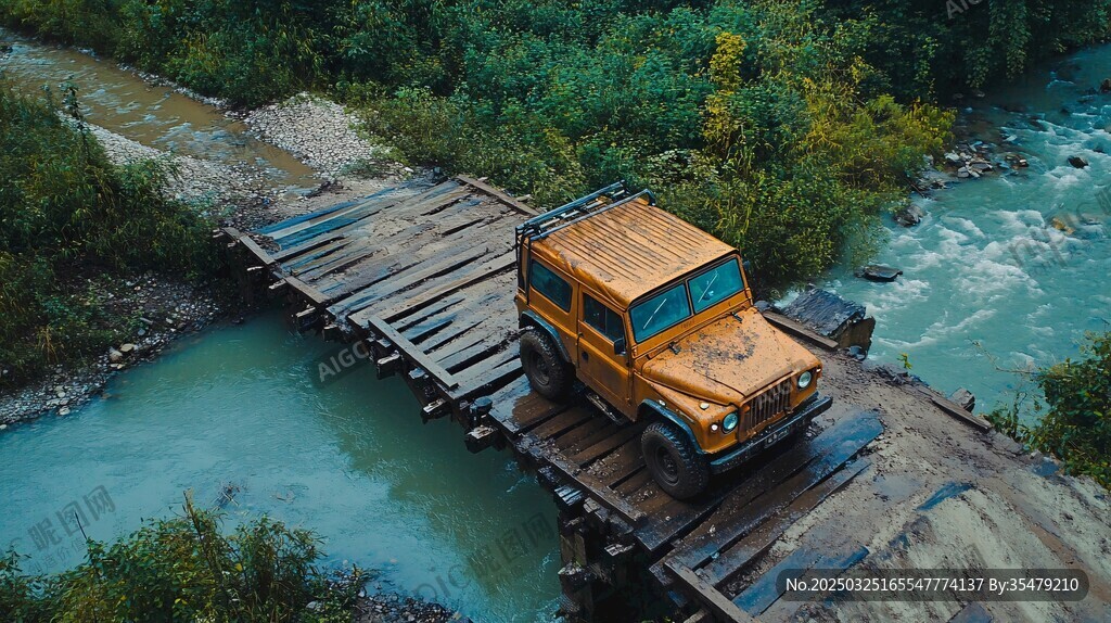 越野車載橋上穿越湍急溪流