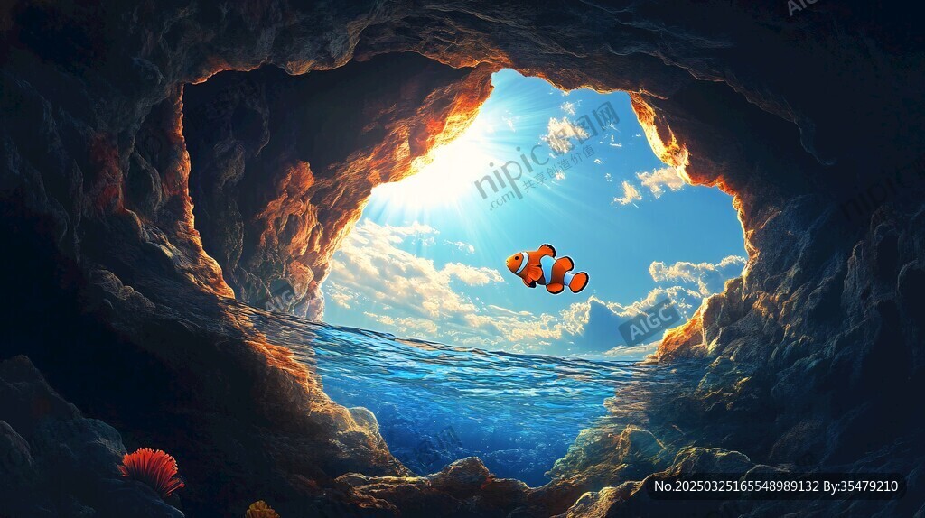 洞穴望海 游魚伴日美景