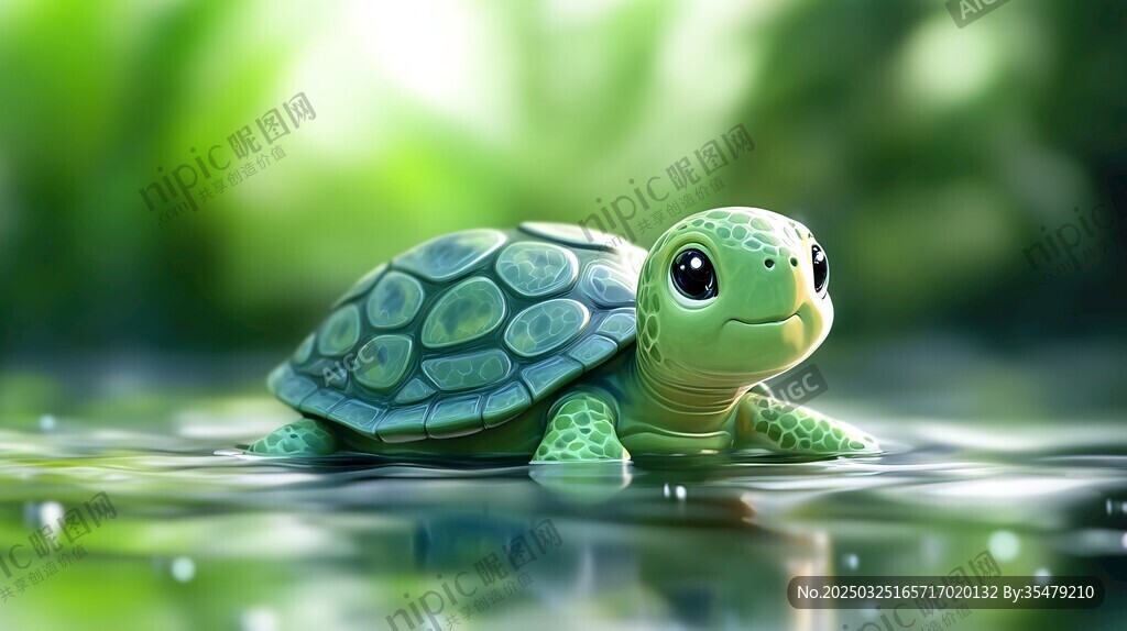 可愛綠海龜在水邊休憩