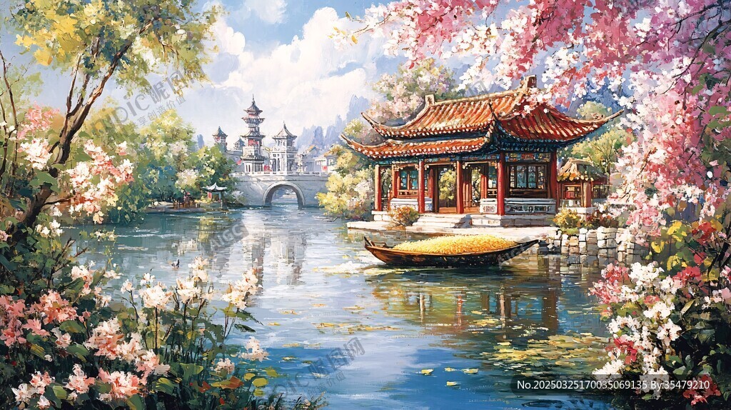 湖畔古亭春色