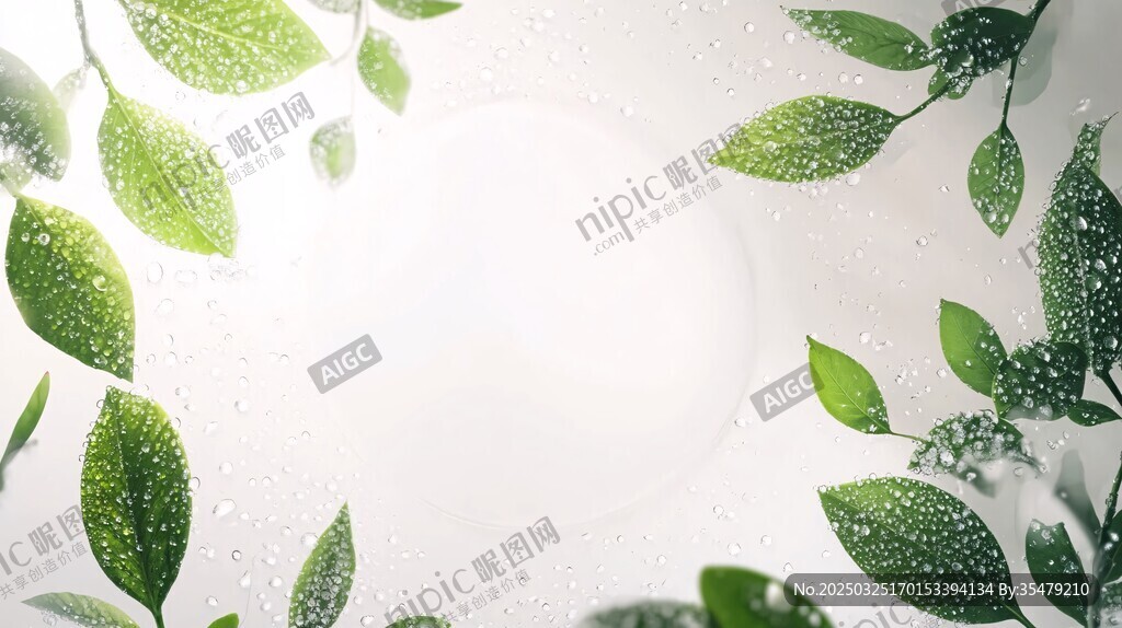 清新綠葉水滴背景圖