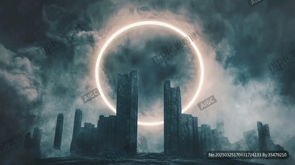 神秘幻景中的懸空發(fā)光巨環(huán)