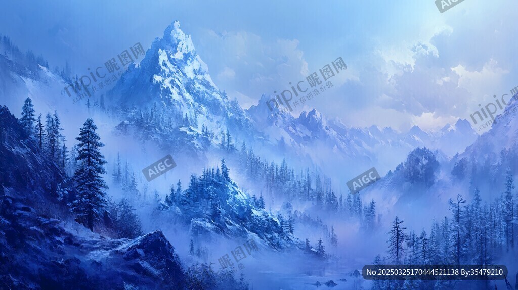 夢幻藍調(diào)雪山森林景致
