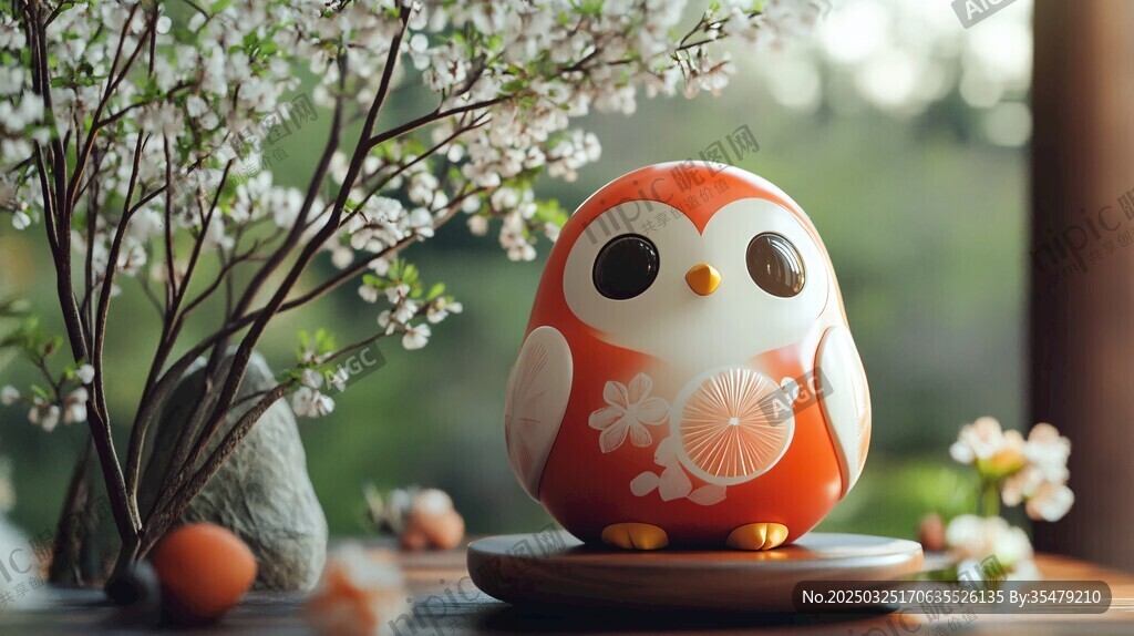 可愛貓頭鷹擺件與春日花卉