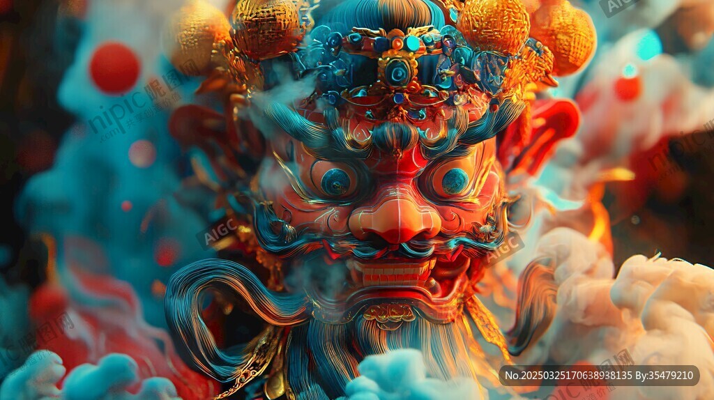 威嚴面具神像云霧環(huán)繞