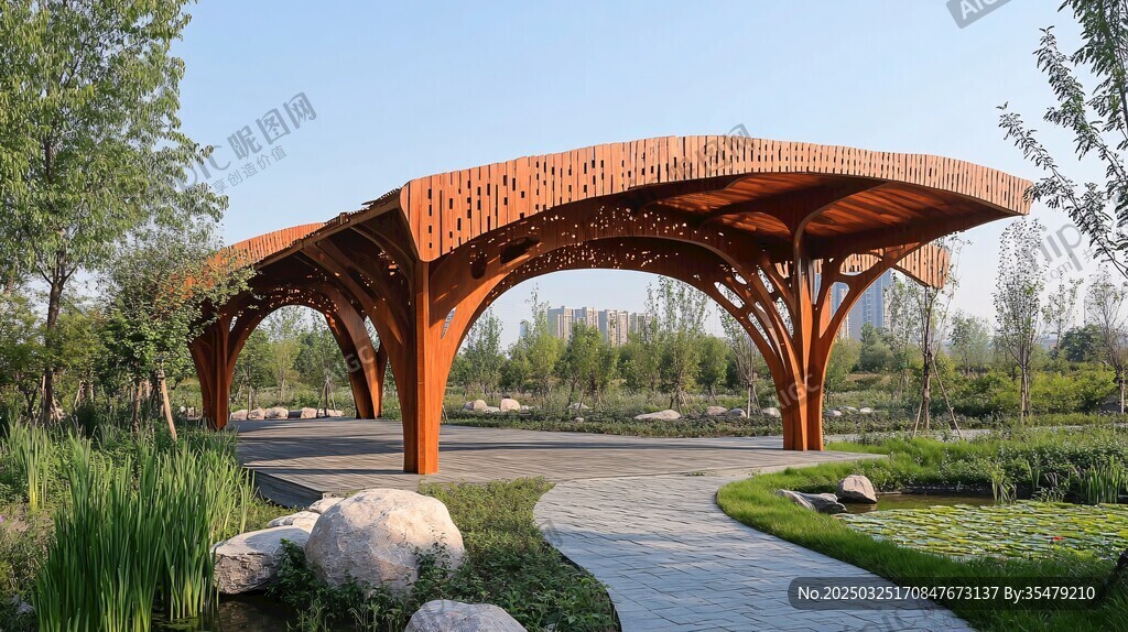 橙色鏤空涼亭 自然景觀美