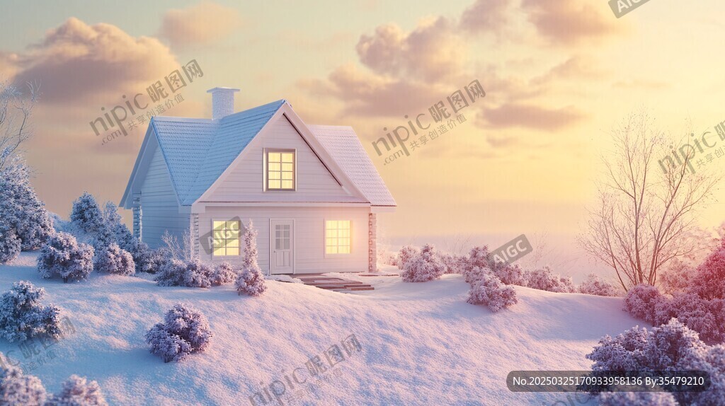 雪中小屋的溫馨黃昏