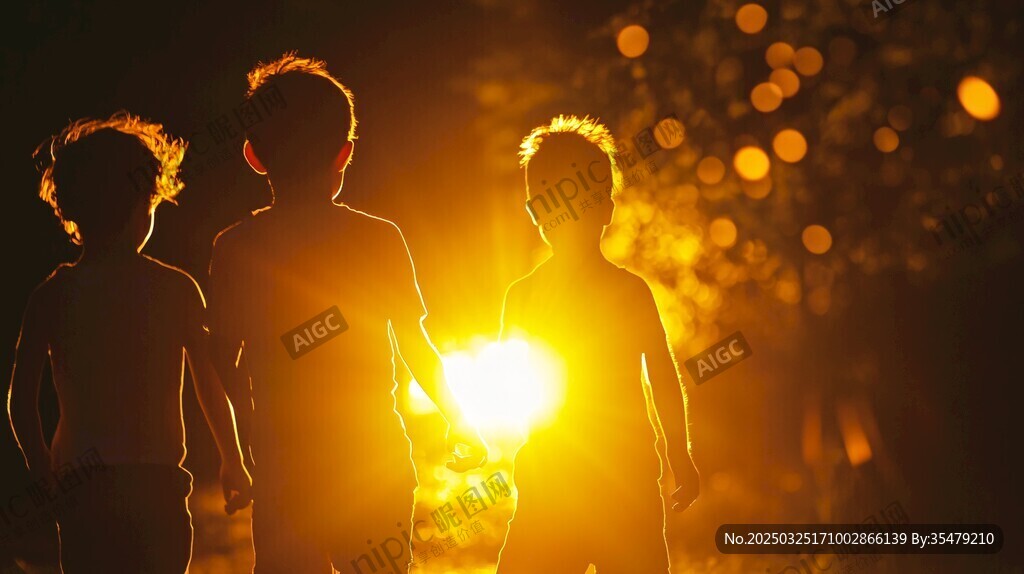 夕陽下牽手的孩童身影